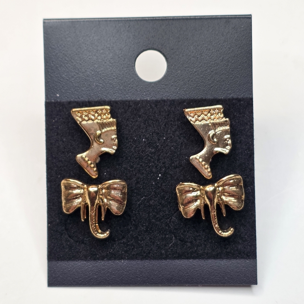 Nefertiti Queen & Elephant African Style Fashion Jewelry Gold Stud Earrings